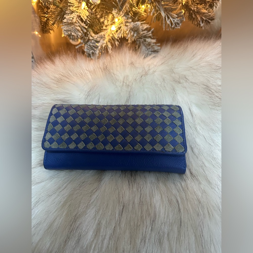 NWOT Artisans In India 100% Genuine Blue Multi Leather Woven Trifold Wallet - Picture 3 of 16